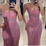 Pink Strapless Sheath Glitter Sequins Long Prom Dresses Formal Evening Gowns with Slits HZ1024