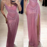 Pink Strapless Sheath Glitter Sequins Long Prom Dresses Formal Evening Gowns with Slits HZ1024
