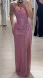 Pink Strapless Sheath Glitter Sequins Long Prom Dresses Formal Evening Gowns with Slits HZ1024