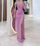 Pink Strapless Sheath Glitter Sequins Long Prom Dresses Formal Evening Gowns with Slits HZ1024