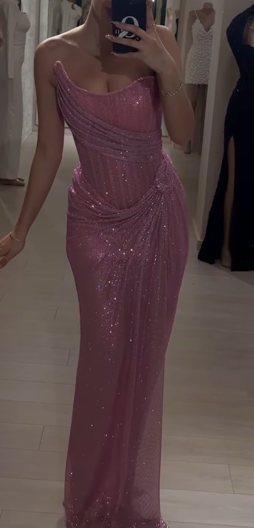 Pink Strapless Sheath Glitter Sequins Long Prom Dresses Formal Evening Gowns with Slits HZ1024