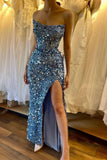 Blue Strapless Mermaid Sequins Long Prom Dresses Formal Evening Gowns with Slits HZ1024