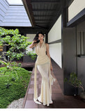 Apricot Halter Neck Mermaid Chiffon Long Prom Dresses Formal Evening Gowns with Open Back HZ1024