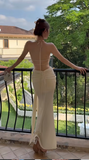 Apricot Halter Neck Mermaid Chiffon Long Prom Dresses Formal Evening Gowns with Open Back HZ1024