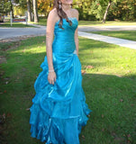 Blue Strapless A-Line Tulle Beaded Long Prom Dresses Birthday Evening Gowns HZ1024