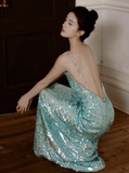 Mint Green One Shoulder Memaid Sequins Long Prom Dresses Formal Evening Gowns with Open Back HZ1024