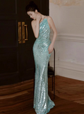 Mint Green One Shoulder Memaid Sequins Long Prom Dresses Formal Evening Gowns with Open Back HZ1024