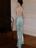 Mint Green One Shoulder Memaid Sequins Long Prom Dresses Formal Evening Gowns with Open Back HZ1024