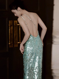 Mint Green One Shoulder Memaid Sequins Long Prom Dresses Formal Evening Gowns with Open Back HZ1024