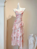 Spaghetti Straps Printed Chiffon A-Line Long Prom Dresses Pretty Evening Gowns HZ1024