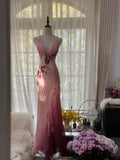 Pink Spaghetti Straps Mermaid Chiffon Beading Long Prom Dresses Vintage Evening Gowns HZ1024