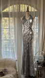 Grey V-Neck Mermaid Lace Beading Long Prom Dresses Vintage Evening Gowns HZ1024