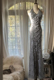 Grey V-Neck Mermaid Lace Beading Long Prom Dresses Vintage Evening Gowns HZ1024