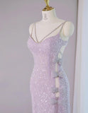Light Purple V-neck Sheath Lace Beading Long Prom Dresses Formal Evening Gowns with Slits HZ1024