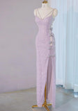 Light Purple V-neck Sheath Lace Beading Long Prom Dresses Formal Evening Gowns with Slits HZ1024
