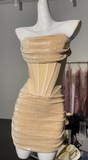 Strapless Light Champagne Bodycon Velvet Short Prom Dresses Homecoming Dresses HZ1024