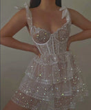 White Sweetheart A-Line Glitter Tulle Lace Short Prom Dresses Cute Homecoming Dresses HZ1024