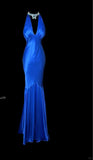 Blue V Neck Mermaid Satin Long Prom Dresses Formal Evening Gowns with Open Back HZ1024