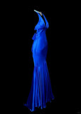 Blue V Neck Mermaid Satin Long Prom Dresses Formal Evening Gowns with Open Back HZ1024