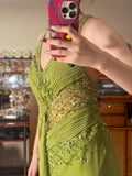 Olive Green V-Neck Sheath Beaded Chiffon Long Prom Dresses Formal Evening Gowns HZ1024