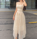 Apricot Square Neck A-Line Tulle Sequins Long Prom Dresses Birthday Evening Dress Gowns HZ1024