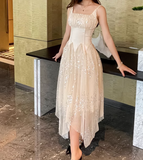 Apricot Square Neck A-Line Tulle Sequins Long Prom Dresses Birthday Evening Dress Gowns HZ1024