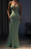 Green Sweetheart Neck Sheath Tulle Beading Long Prom Dresses Formal Evening Gowns with Sequins HZ1024