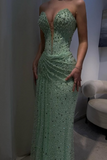 Green Sweetheart Neck Sheath Tulle Beading Long Prom Dresses Formal Evening Gowns with Sequins HZ1024