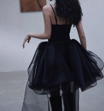 Black Spaghetti Straps A-Line Tulle Hi-Lo Prom Dresses Birthday Party Dresses HZ1024