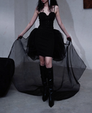 Black Spaghetti Straps A-Line Tulle Hi-Lo Prom Dresses Birthday Party Dresses HZ1024