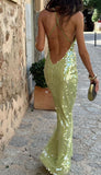Green Spaghetti Straps Sheath Sequin Long Prom Dresses Formal Evening Gowns with Open Back HZ1024