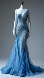 Blue One Shoulder Mermaid Tulle Beading Long Prom Dresses Formal Evening Gowns HZ1024