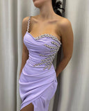 Lilac One Shoulder Mermaid Satin Diamond Long Prom Dresses Formal Evening Gowns with Slits HZ1024