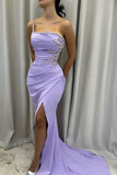 Lilac One Shoulder Mermaid Satin Diamond Long Prom Dresses Formal Evening Gowns with Slits HZ1024