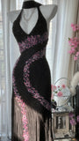Black V-neck Sheath Chiffon Beading Long Prom Dresses Vintage Evening Gowns HZ1024