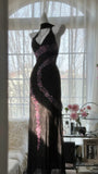 Black V-neck Sheath Chiffon Beading Long Prom Dresses Vintage Evening Gowns HZ1024