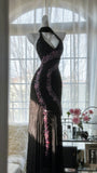 Black V-neck Sheath Chiffon Beading Long Prom Dresses Vintage Evening Gowns HZ1024