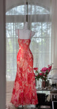 Red Spaghetti Straps Sheath Chiffon Beading Long Prom Dresses Vintage Evening Gowns HZ1024