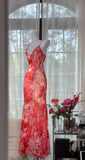 Red Spaghetti Straps Sheath Chiffon Beading Long Prom Dresses Vintage Evening Gowns HZ1024