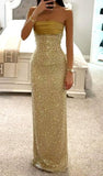 Gold Strapless Sheath Beaded Satin Long Prom Dresses Formal Evening Gowns HZ1024