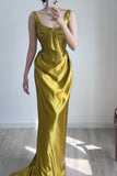Yellow U Neck Sheath Satin Long Prom Dresses Formal Evening Gowns HZ1024