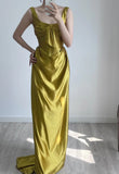 Yellow U Neck Sheath Satin Long Prom Dresses Formal Evening Gowns HZ1024