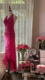 Hot Pink Halter Neck Sheath Sequins Long Prom Dresses Formal Evening Gowns with Open Back HZ1024