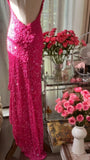 Hot Pink Halter Neck Sheath Sequins Long Prom Dresses Formal Evening Gowns with Open Back HZ1024