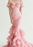 Burgundy Off-shoulder Mermaid Tulle Sequins Long Prom Dresses Formal Evening Gowns HZ1024