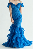Burgundy Off-shoulder Mermaid Tulle Sequins Long Prom Dresses Formal Evening Gowns HZ1024
