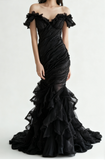 Burgundy Off-shoulder Mermaid Tulle Sequins Long Prom Dresses Formal Evening Gowns HZ1024