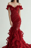 Burgundy Off-shoulder Mermaid Tulle Sequins Long Prom Dresses Formal Evening Gowns HZ1024