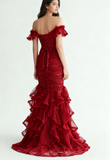 Burgundy Off-shoulder Mermaid Tulle Sequins Long Prom Dresses Formal Evening Gowns HZ1024