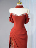 Burgundy Off-shoulder Sheath Chiffon Long Prom Dresses Formal Evening Gowns with Slits HZ1024